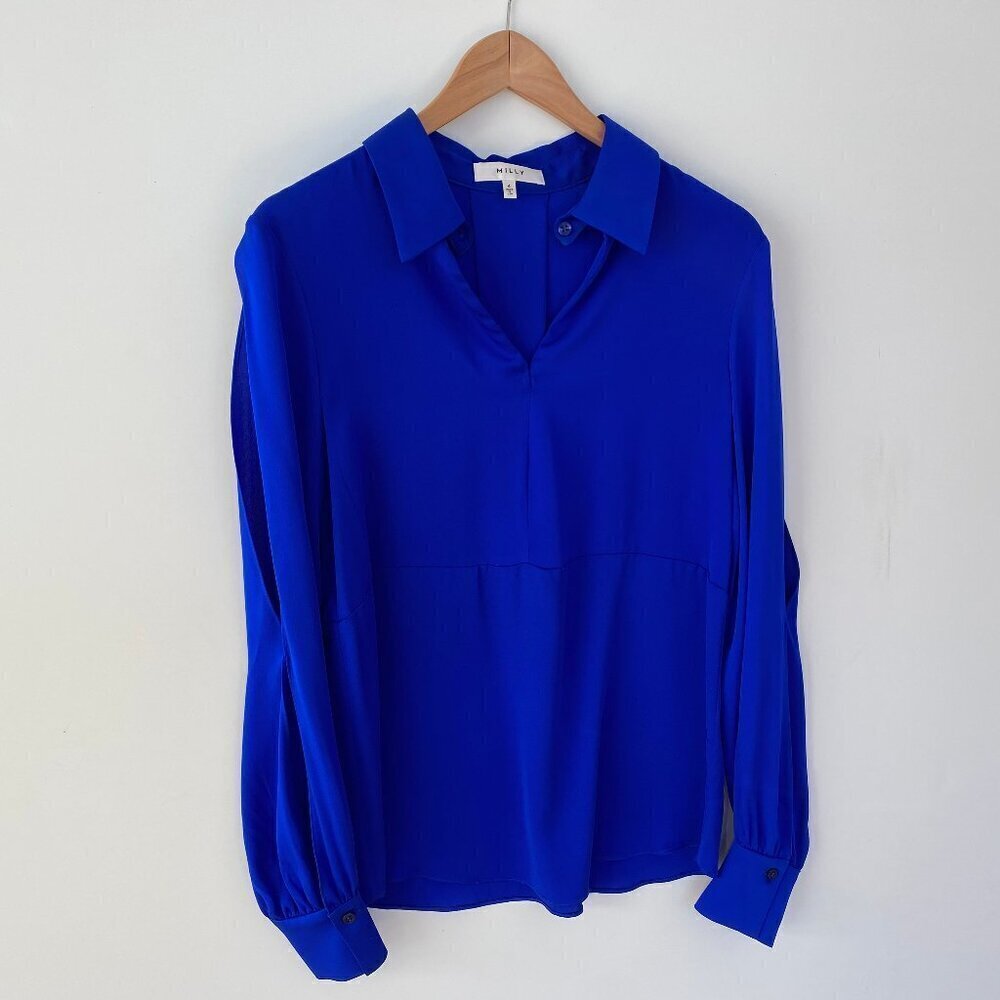NWOT Milly Silk Blouse Long Sleeves w/ Double Slits Size 4 Cobalt Blue
